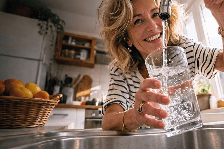 Une femme savourant une eau pure filtrée par Filtrabio