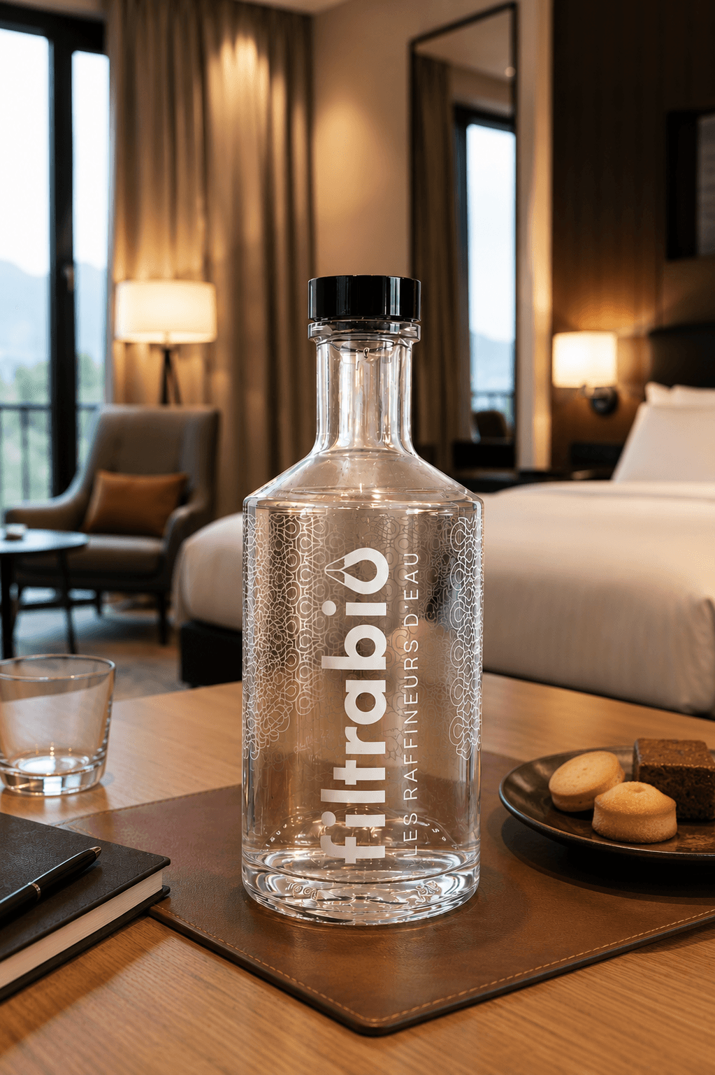 Carafe d'eau Filtrabio mise à disposition dans une chambre d'hôtel