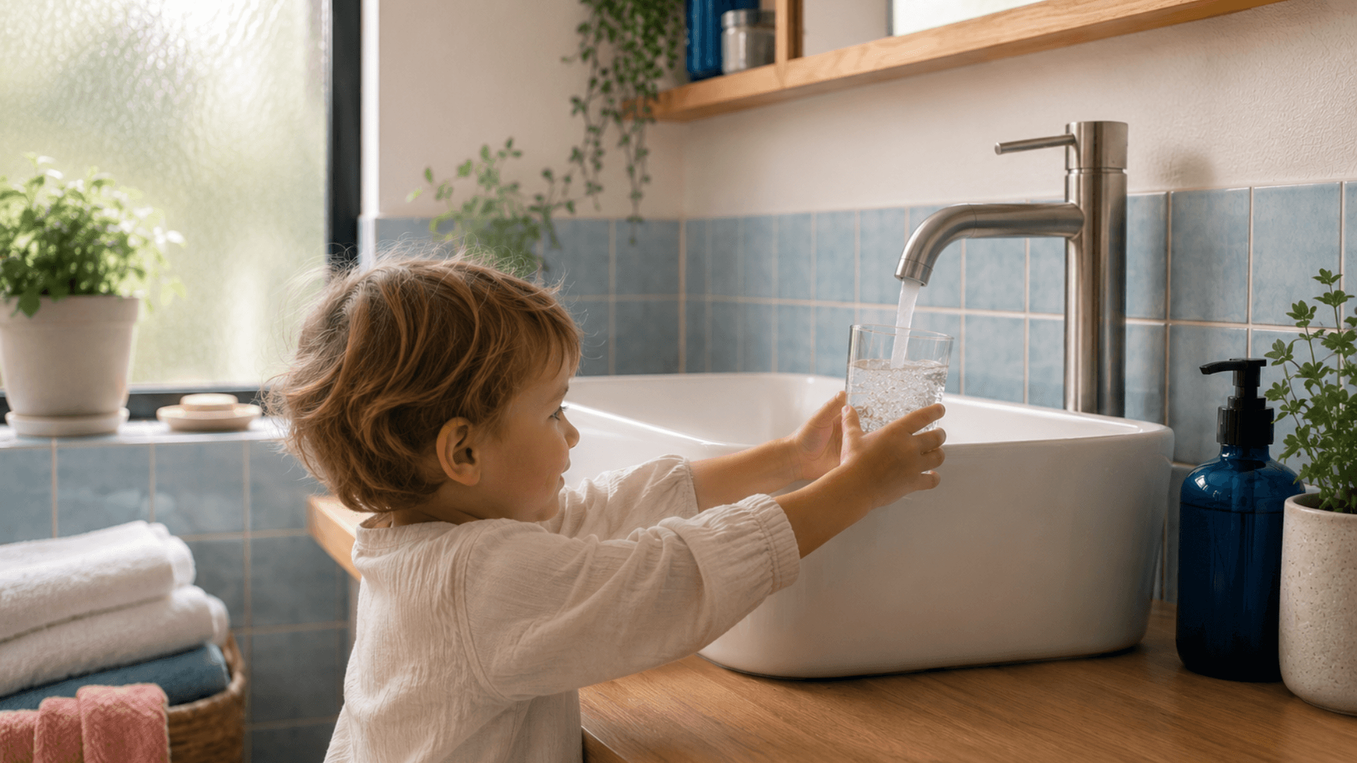 Enfant remplissant son verre d'eau au robinet, sans bouteille plastique