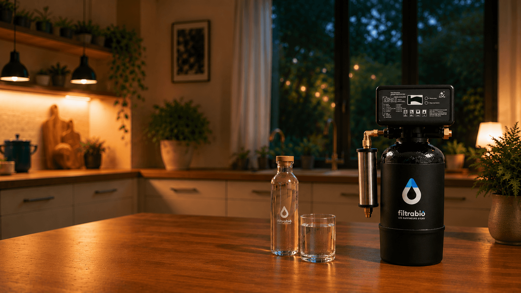Raffineur d'Eau Filtrabio 100 posé sur une table avec une carafe d'eau — shooting Filtrabio